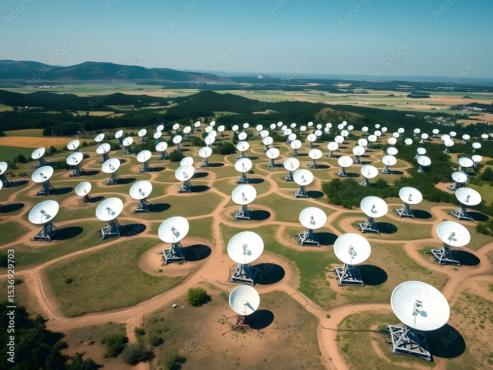 Wall mural aerial view of a vast radio telescope array in a rolling landscape