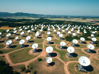 Aerial View of a Vast Radio Telescope Array in a Rolling Landscape