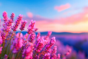 Fototapeta premium Sunset Lavender Field Vibrant Purple Blooms at Golden Hour Photography