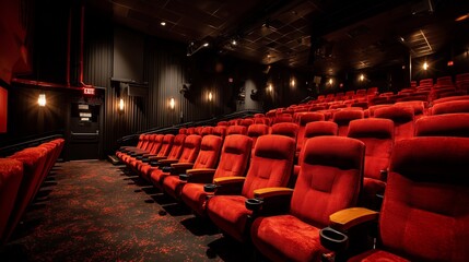 Rows of red velvet seats in a dark movie theater auditorium ready for a show