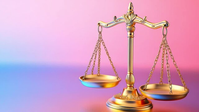 golden scale of justice with colorful light, shiny balance symbol in legal concept art, golden balance scale of justice with colorful gradient light and shiny scale symbol in legal balance concept