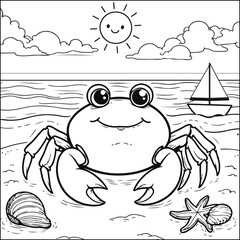 “Cute Crab at the Beach Coloring Page for Kids – Fun Ocean Scene Printable”