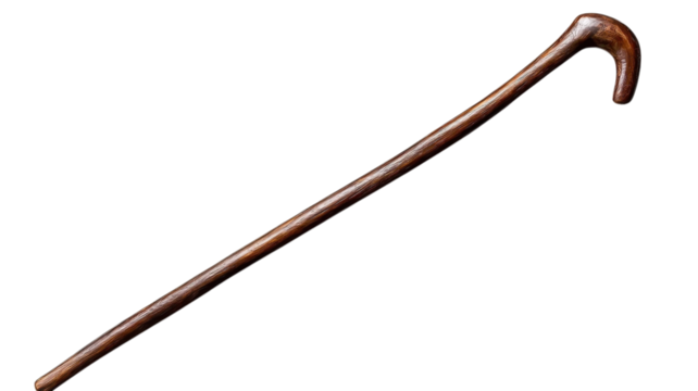 Walking cane crafted from dark wood rests gracefully against a soft surface, showcasing intricate natural grain patterns in the warm glow of afternoon light.