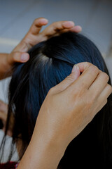 Fototapeta premium closeup of hands looking for lice in hair