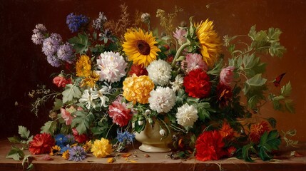 A vibrant still life painting of a colorful flower bouquet in a vase on a wooden table