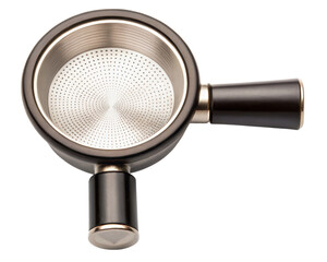 Coffee machine portafilter with a black handle on a transparent background