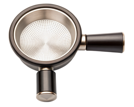 Coffee machine portafilter with a black handle on a transparent background