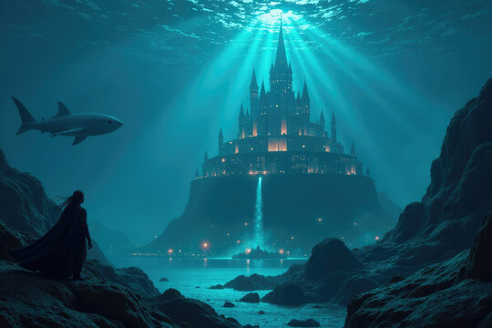 A person sitting on a rocky outcropping gazes out at a majestic castle situated in the distance across the ocean