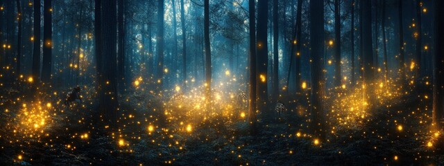 Enchanting night forest with fireflies