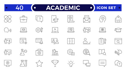 Academic Outline icons of education, studying and science. Includes human brain, fields of study, graduation, school, university and knowledge. Designed for web, mobile, promo materials.