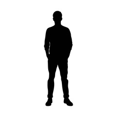 Silhouette of a man standing with hands in pockets against a white background