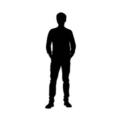 Silhouette of a man standing with hands in pockets against a white background