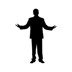 Silhouette of a man in a suit with arms outstretched on a white background image
