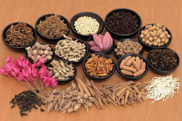 Various Traditional Chinese Herbal Medicine Ingredients Displayed as Background Concept