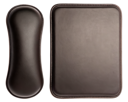 Ergonomic dark brown wrist rest and mouse pad set on a transparent background