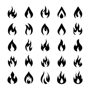 A collection of twenty five different black flame icons arranged in a grid pattern