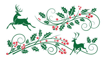 Elegant Christmas Design with Reindeer and Holly Berry Vines on White