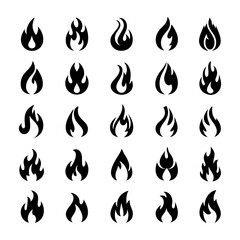 Collection of twenty four black flame icons in various shapes on a white background