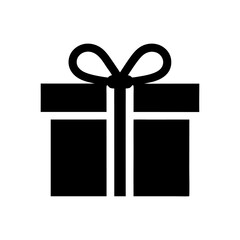 A simple black and white graphic icon illustration of a wrapped present with a bow