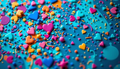 an up close view of a colorful surface adorned with small, multi colored hearts and polka dots