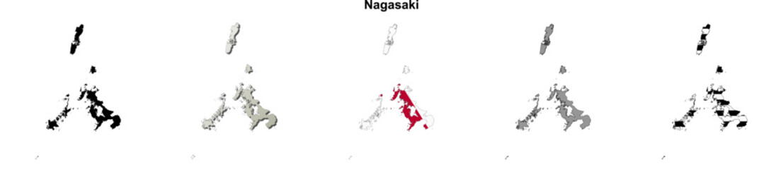 Nagasaki prefecture blank outline map set
