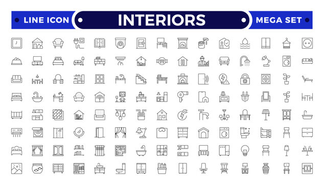 Interior and furniture Outline icon set. Thin line editable stroke icons for interior design, decoration, home styling, appliances, renovation, architecture.