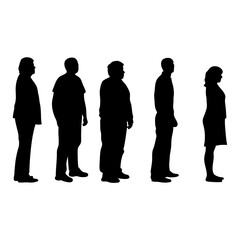 Silhouette of five people standing in a line against a white background view side
