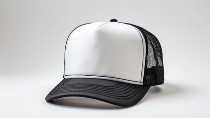 Gorra modelo trucker blanca y negra sobre fondo blanco