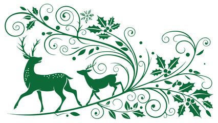 Elegant Green Christmas Deer and Holly Branch Design on White Background