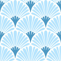Hand drawn seamless pattern with semi-circular fan shapes abstract blue flowers in a marine style, scalloped on white background. Ideal for textiles, wallpapers, and interior decor