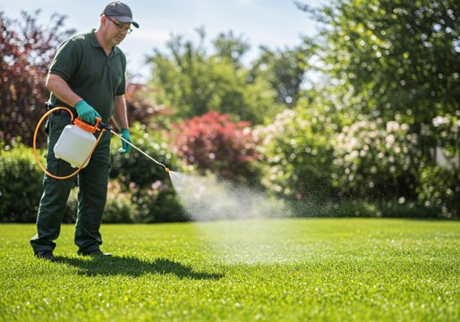 Man spraying liquid on green lawn. Pest control and fertilizing concept for garden and yard maintenance service.