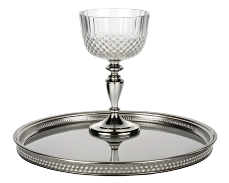 Ornate crystal glass on a polished silver serving tray on a transparent background