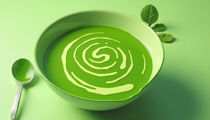 A vibrant bowl of green soup, featuring a swirling cream pattern, alongside a spoon and spinach leaves.