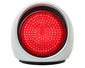 Circular red light panel with many small LED bulbs on a transparent background