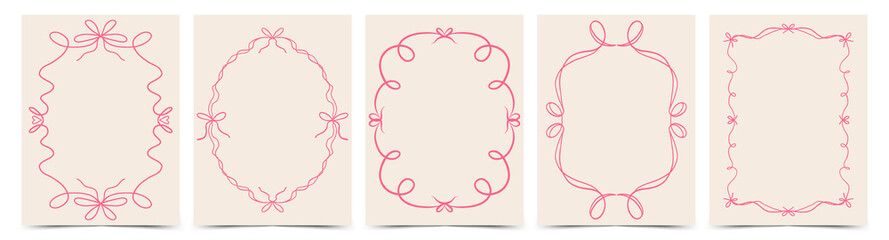 Set of doodle hand drawn trendy coquette frames with bows, ribbons. Minimalist vintage whimsical borders. Modern vector design template for wedding invitation, birthday card, print, holiday poster.