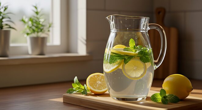 Refreshing Lemonade with Mint in a Glass Pitcher on a Wooden Board