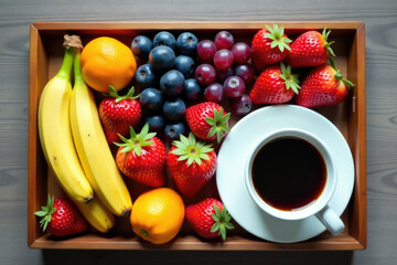 A cup of coffee and a tray of fresh fruit on a table