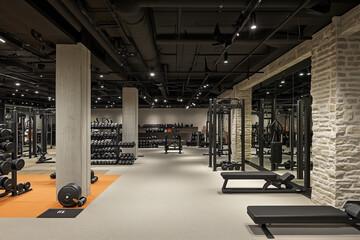 Empty Modern Gym Interior Background with Workout Equipment, No People