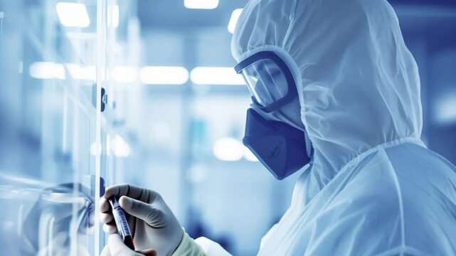 Scientist in full protective gear examines a blood sample inside a laboratory environment. Focus on safety and precision in handling potentially hazardous materials in medical research.