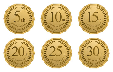 周年・10周年・15周年・20周年・25周年・30周年のアニバーサリーロゴ(anniversarry logo エンブレム 月桂樹 お祝い ベクター 編集可能 シンプル モノクロ 白)