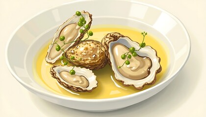 Steamed oysters in a shallow white bowl, drizzled with oil and garnished with herbs.