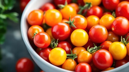 A bowl of colorful cherry tomatoes in red, yellow, and orange --ar 16:9 --v 6.1 Job ID: c9d64004-70ad-4ea2-8e9b-b394abec8bf4