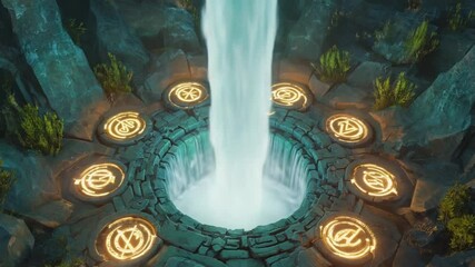 A surreal glowing waterfall upward reverse, floating stone rings glowing runes waterfall originates portal ground, soft ambient light fog magical particle, endless loop, fantasy sci-fi, sacred mystery - Powered by Adobe