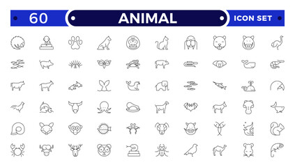 Animal Outline icon collection. Set of black animal Icon. Animal icons. Mammal, fish, insects, birds, reptiles silhouette collection. Wild, domestic animals.