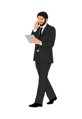 Vector illustration of businessman in formal suit and tie walking with tablet and talking on phone. Modern corporate character isolated on transparent background, ideal for business and tech themes