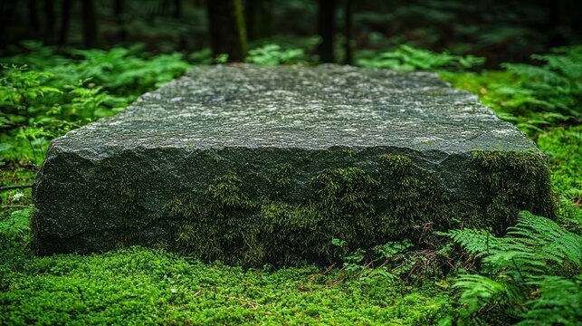 A mossy, gray stone slab in a forest - Powered by Adobe