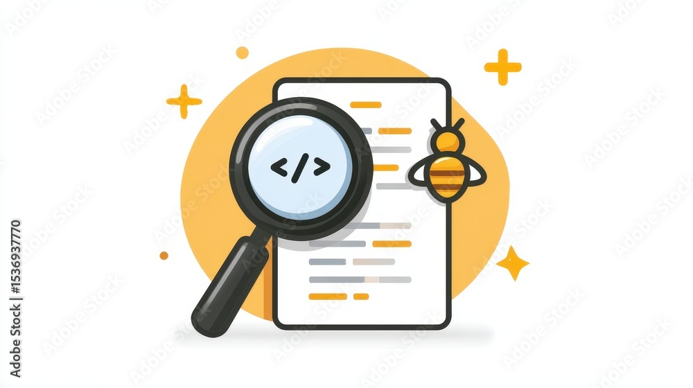 Poster magnifying glass over a document with code symbols and a bee icon, representing analysis or programm