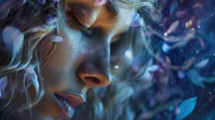 Surreal artistic portrait of a womanâ€™s face bathed in soft cosmic and botanical projections, white petal accents in wavy hair, dreamy atmosphere with selective focus