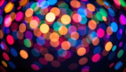 a close up photograph of vibrant disco balls with numerous colors, creating an abstract bokeh effect against a dark background