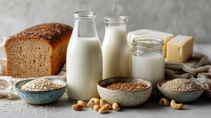 Assortment of dairy products, whole grain bread, oats, cashews, and seeds on a table